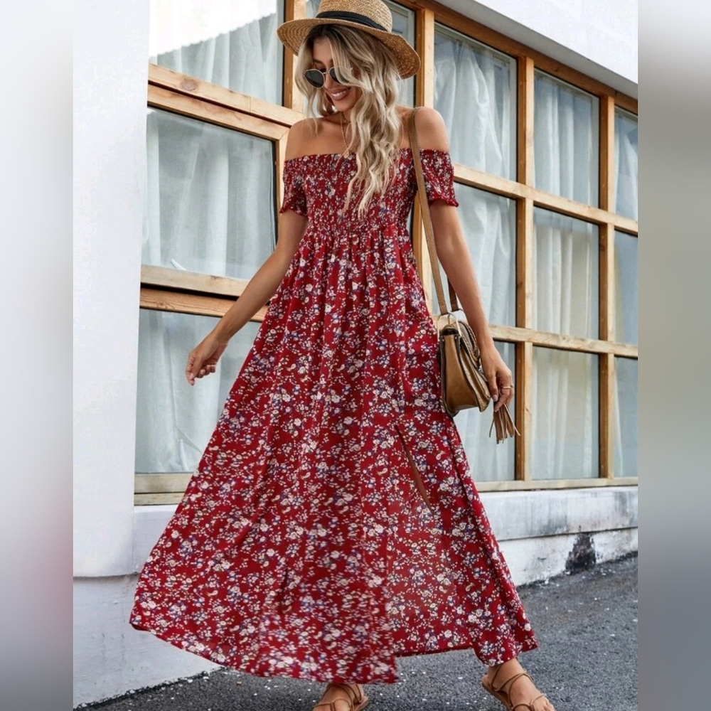 * New Boho Smocked Floral Maxi Dress Split Leg Long Off Shoulder Red